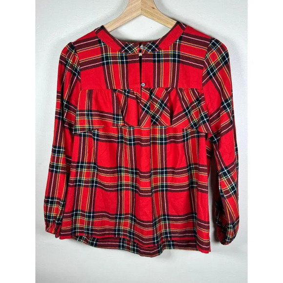 J.Crew Tops - J.Crew Festive Red Holiday Christmas Plaid Ruffle Tartan 100% cotton Blouse